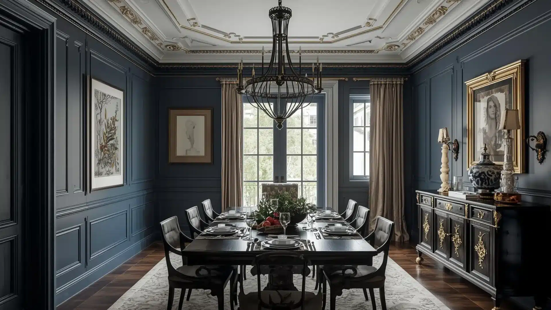 Modern Victorian dining room with updated chandelier in black and brass, high ceiling, and rich layered decor indoors.
