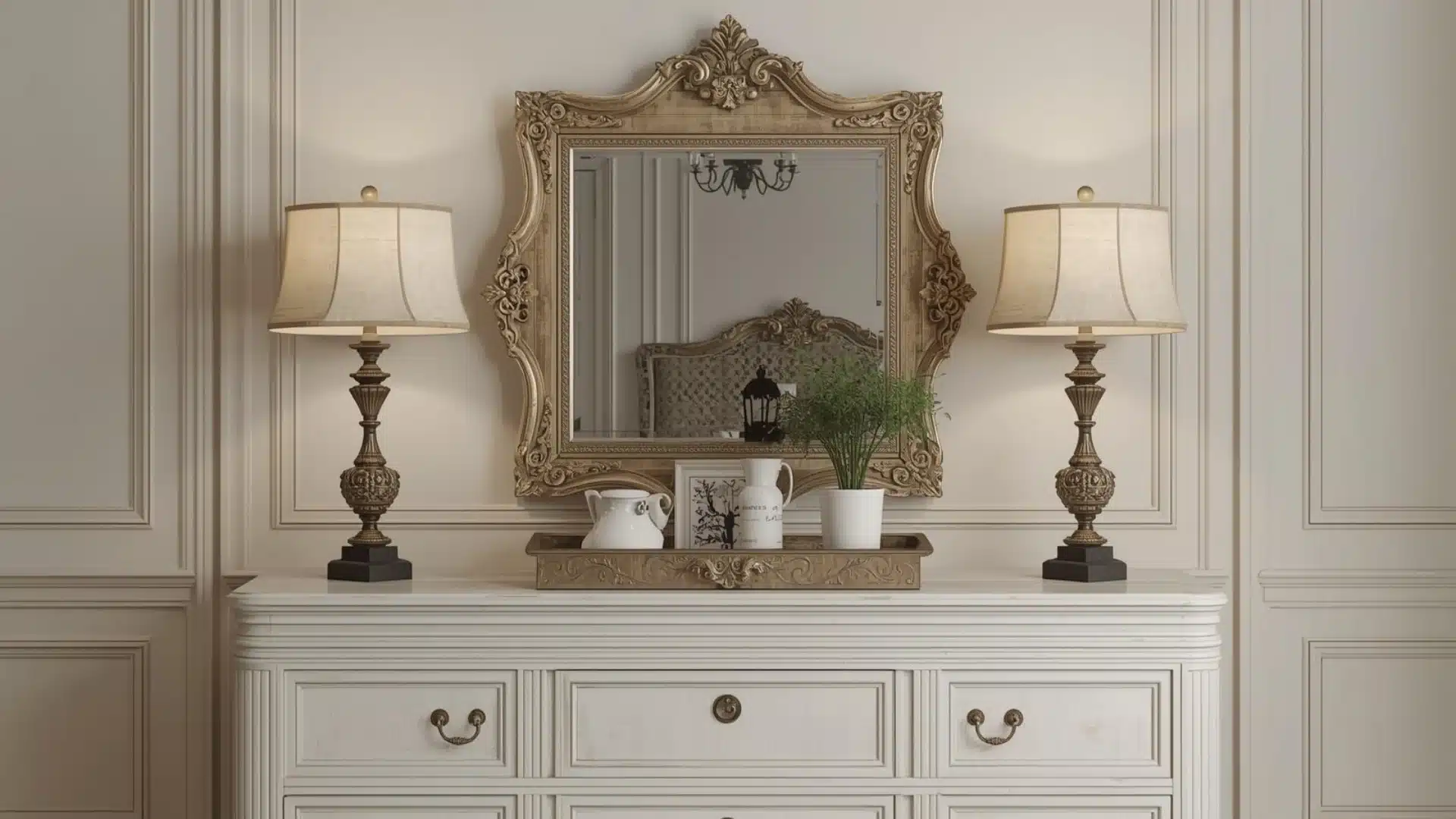 Modern Victorian bedroom with vintage mirror, dresser styling, warm lamp light, and soft neutral wall color indoors.