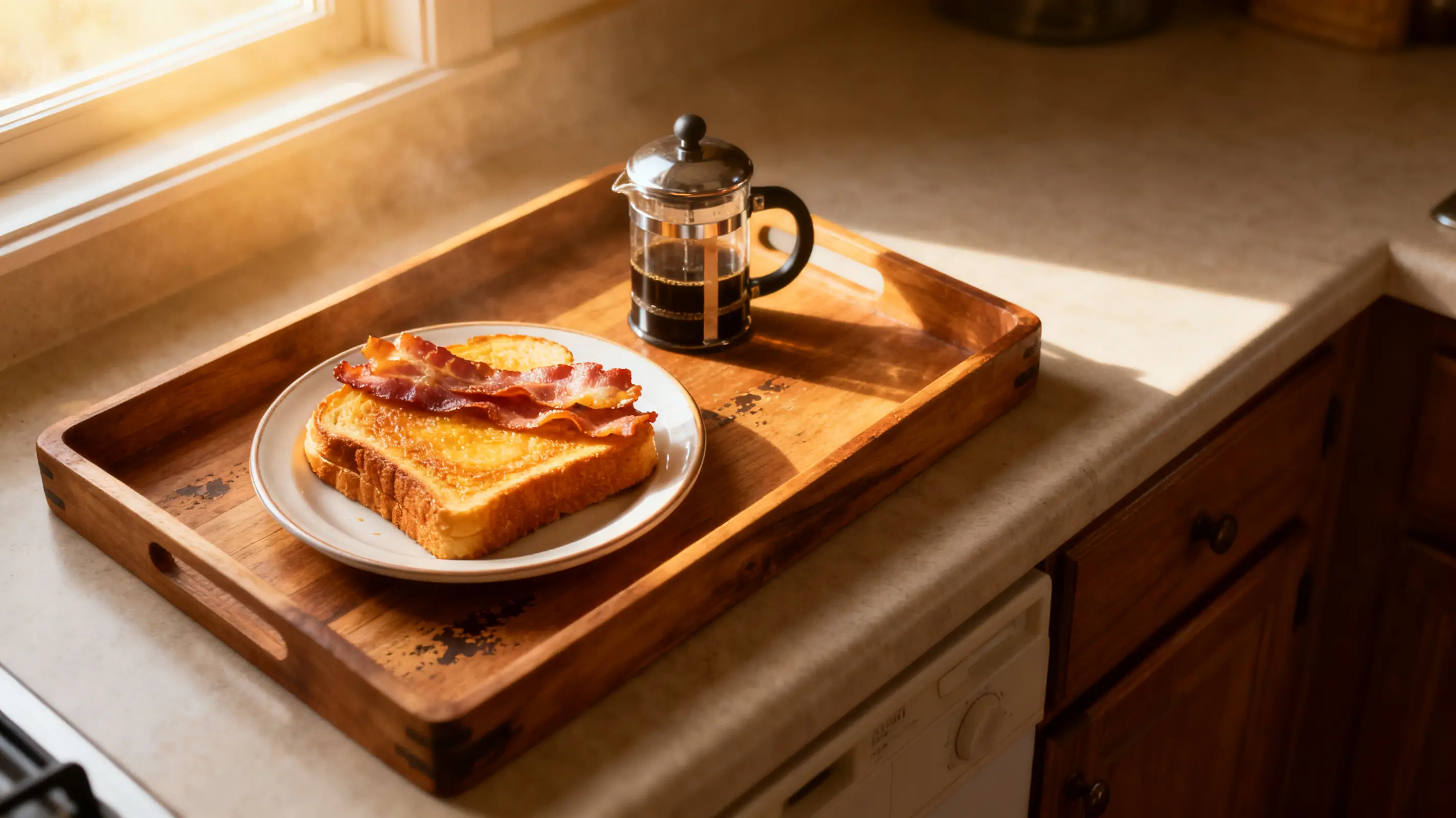 Toast with bacon and coffee in a French press on a wooden tray in warm morning light