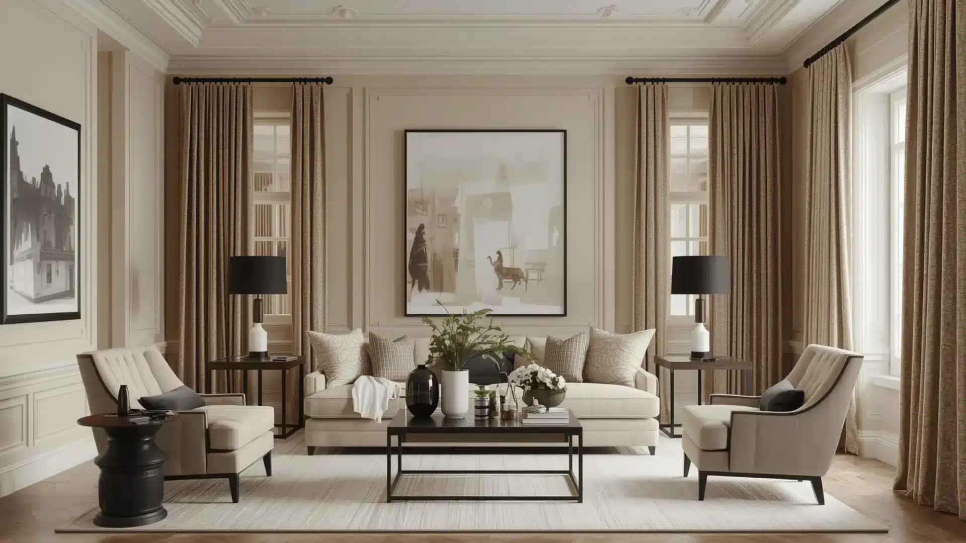 Modern Victorian living room with warm neutral walls, black accents, layered textures, classic trim, and soft natural light.