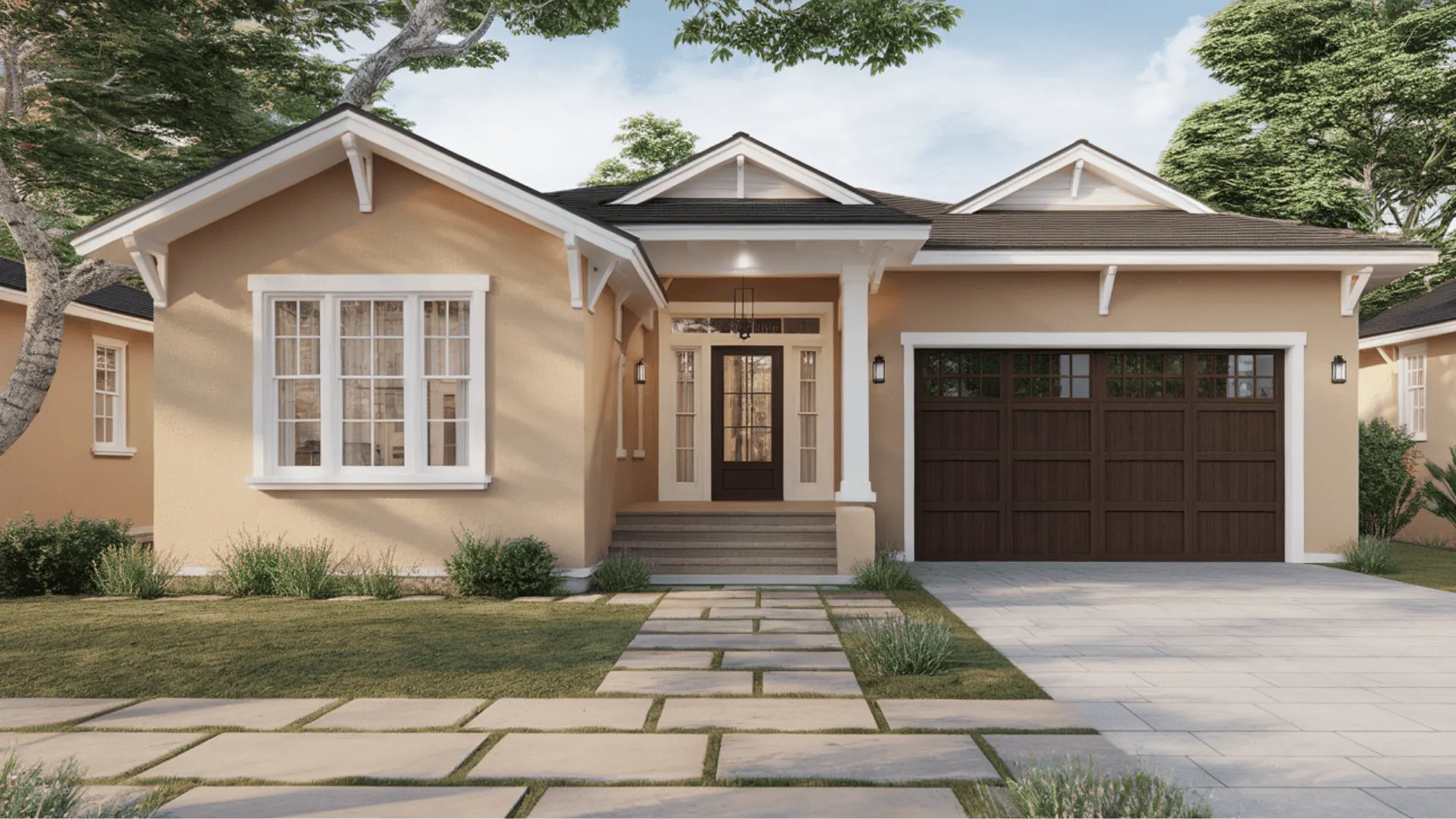 Warm sand modern house exterior with white trim and wooden garage door