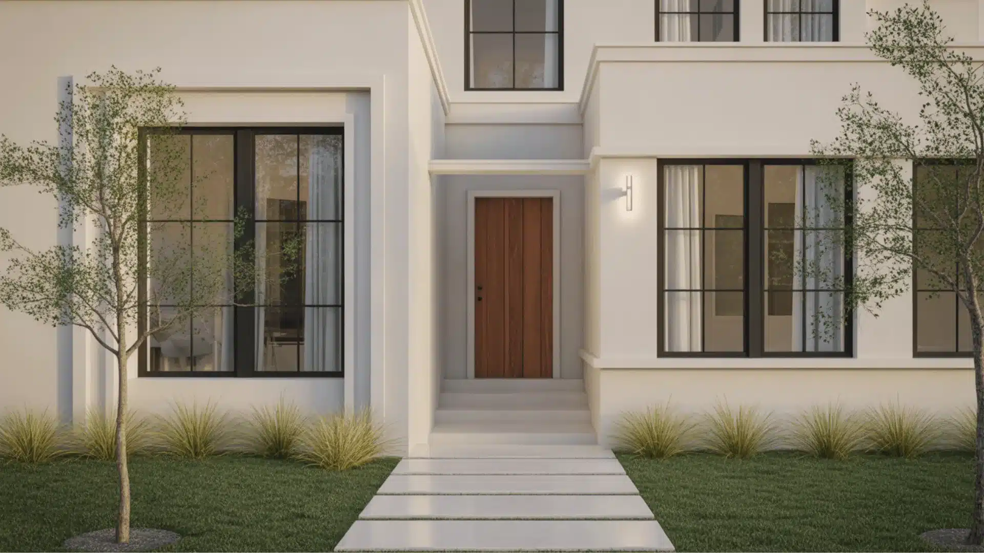 Modern house exterior painted warm white with black trim and a wooden front door