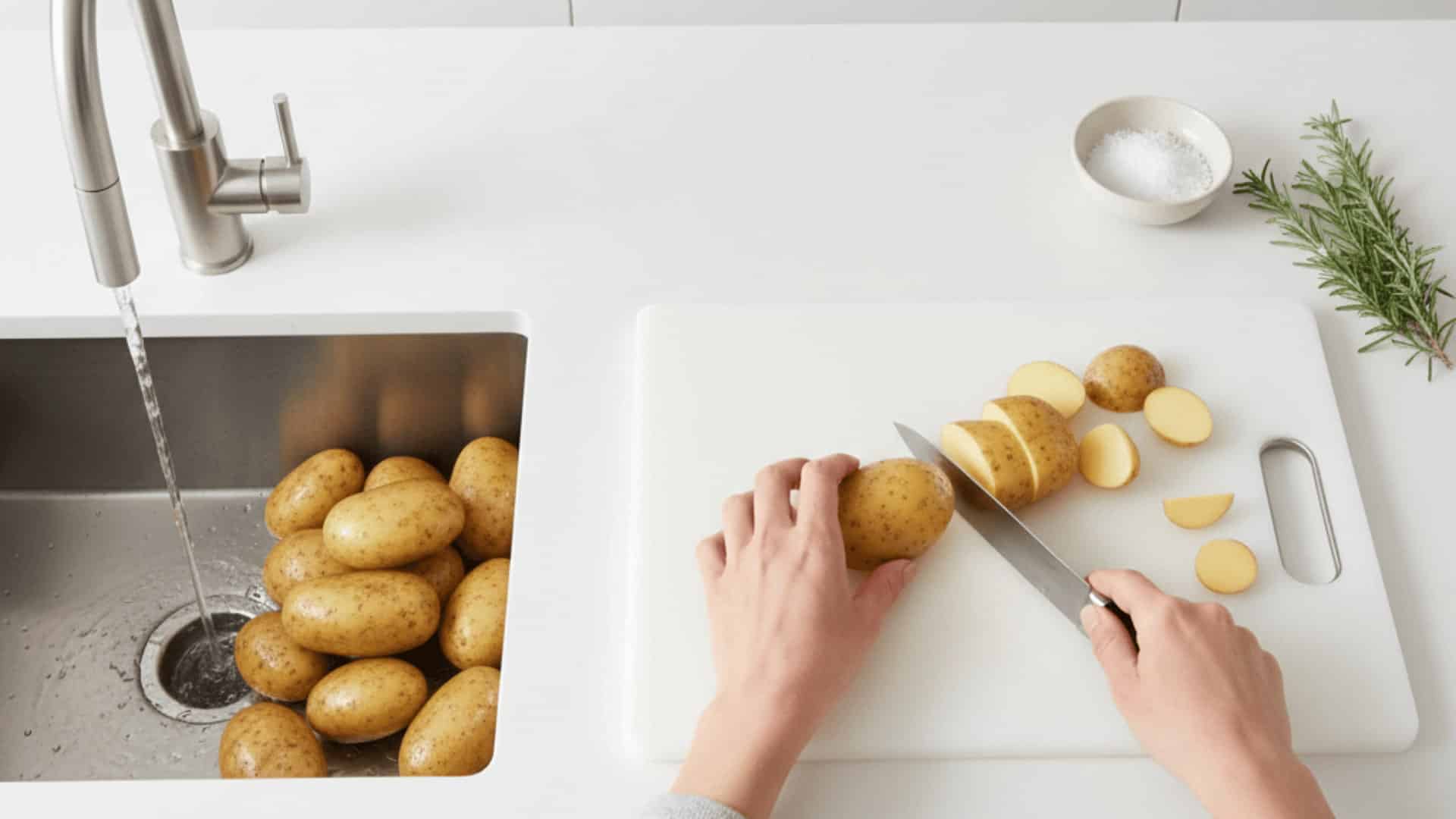 Washing and slicing Yukon Gold potatoes on a white kitchen counter for prep step