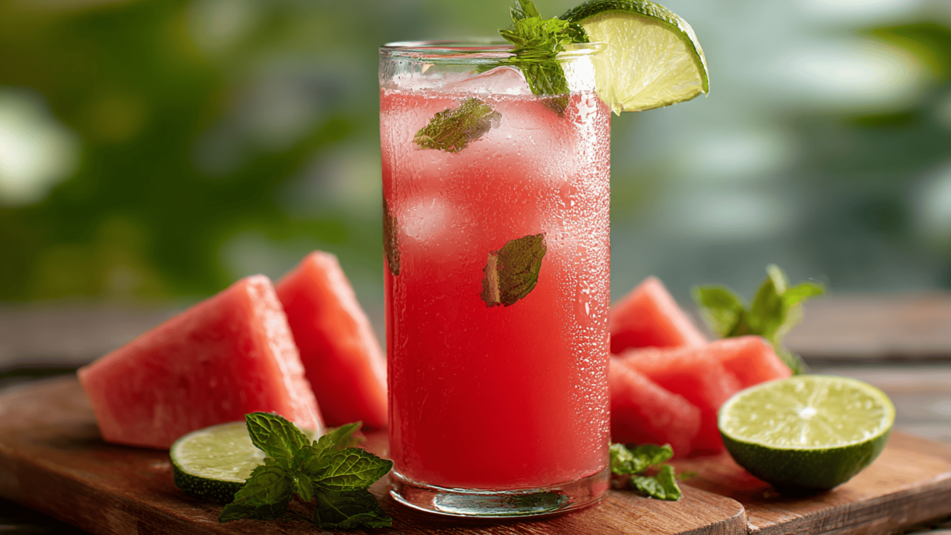 cold pressed watermelon mint juice with lime served over ice fresh cold pressed watermelon and mint hydration juice in a glass
