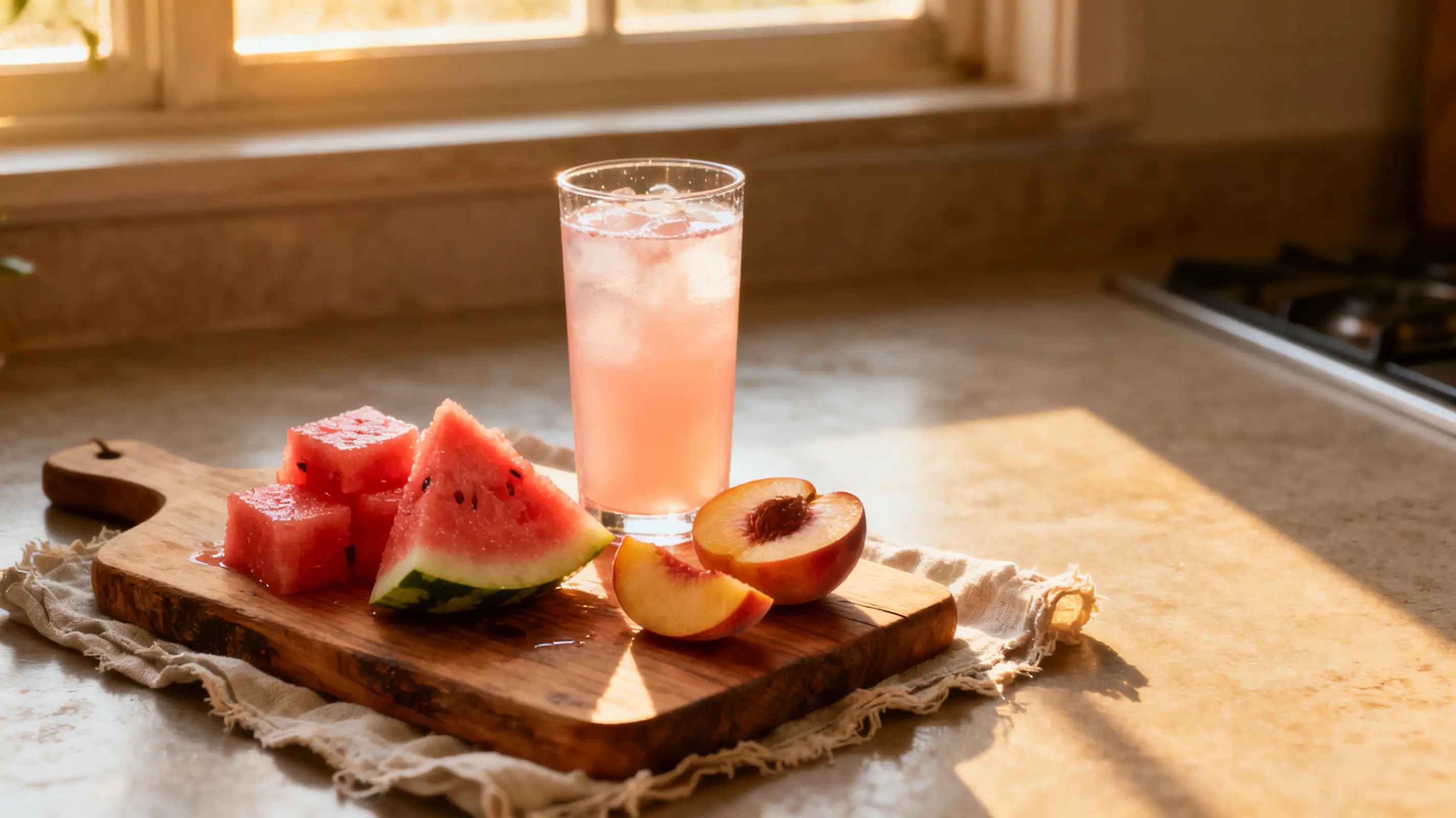 Watermelon cubes and peach slices on wooden board with pink iced drink in sunny kitchen