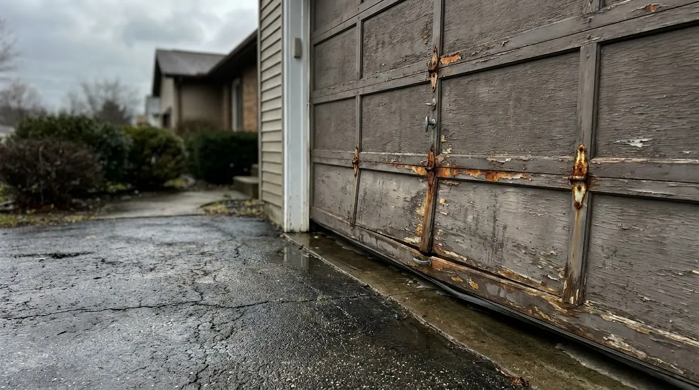 Aging wooden garage door with peeling paint and rusted hinges in overcast driveway setting
