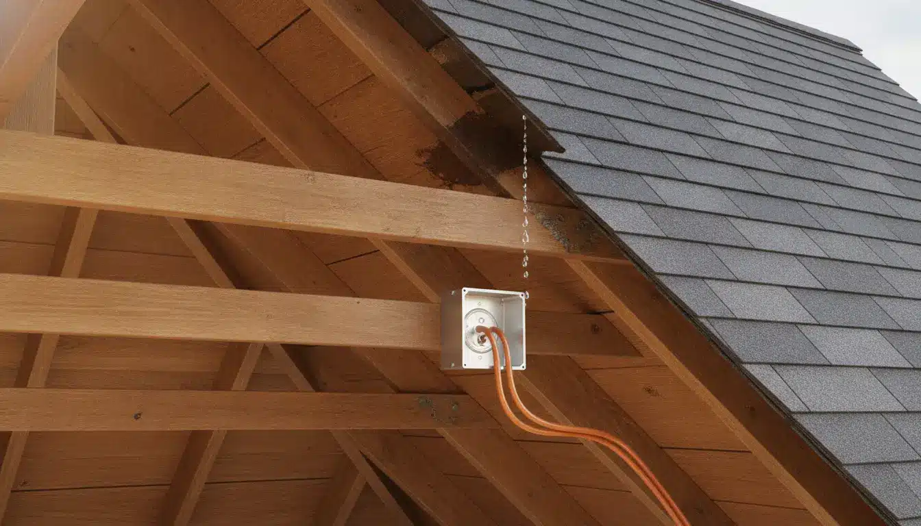 Water dripping from roof onto wooden beams with exposed wiring in outdoor setting