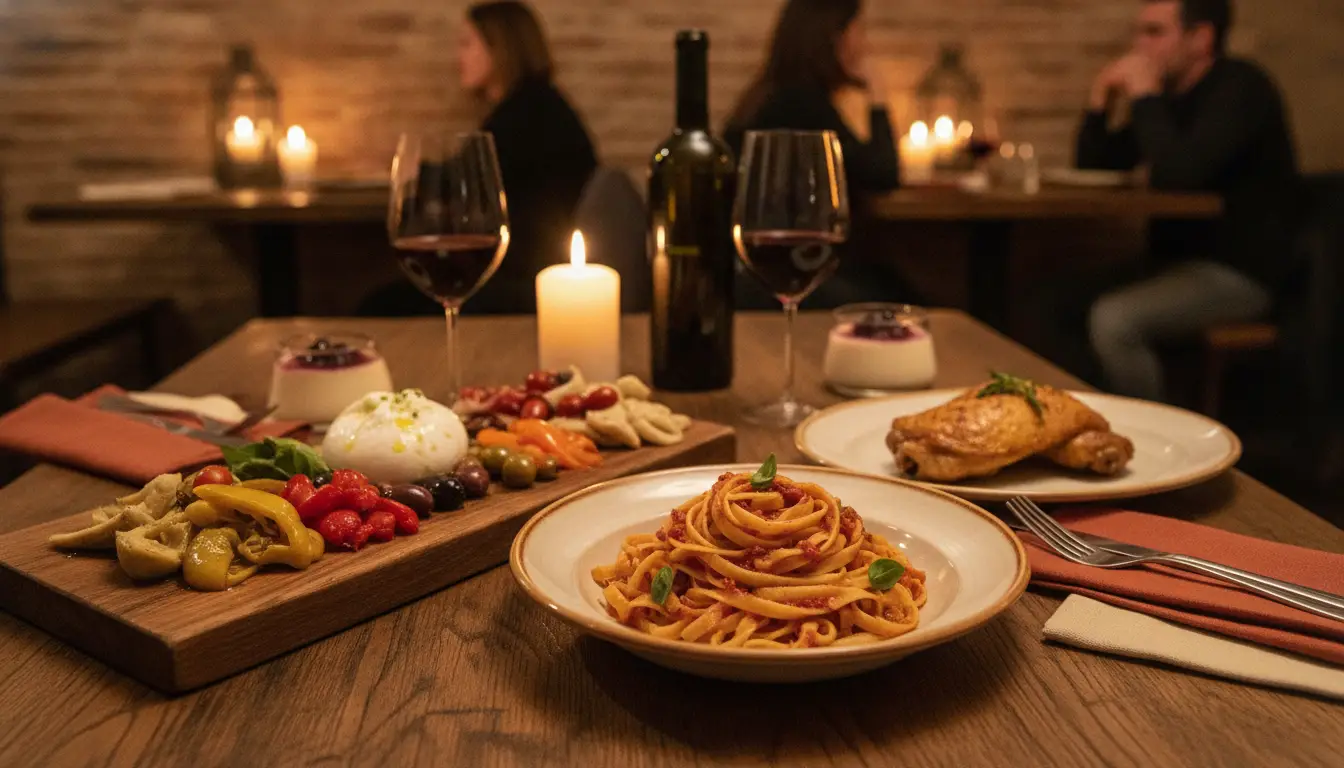 Pasta and charcuterie board with wine in cozy candlelit restaurant setting
