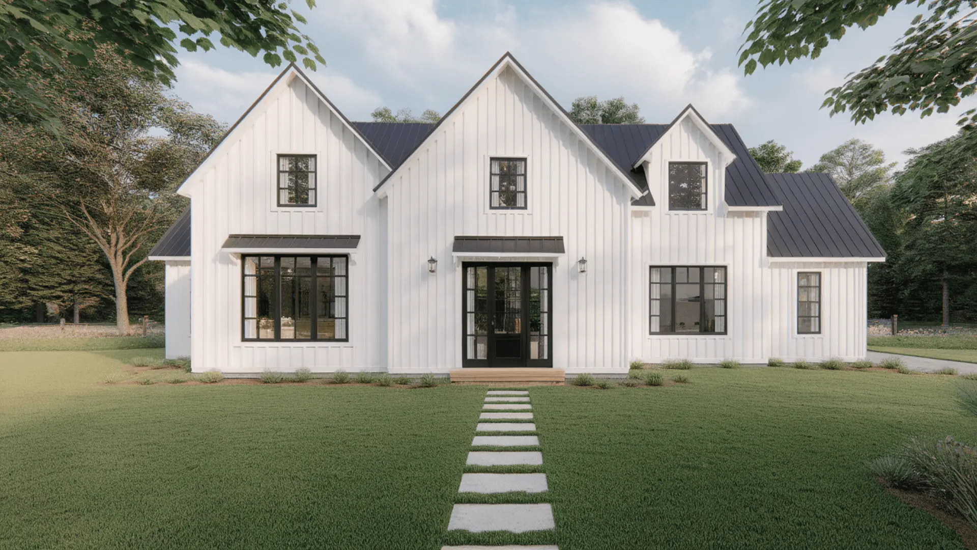Modern white house exterior with black trim and black front door
