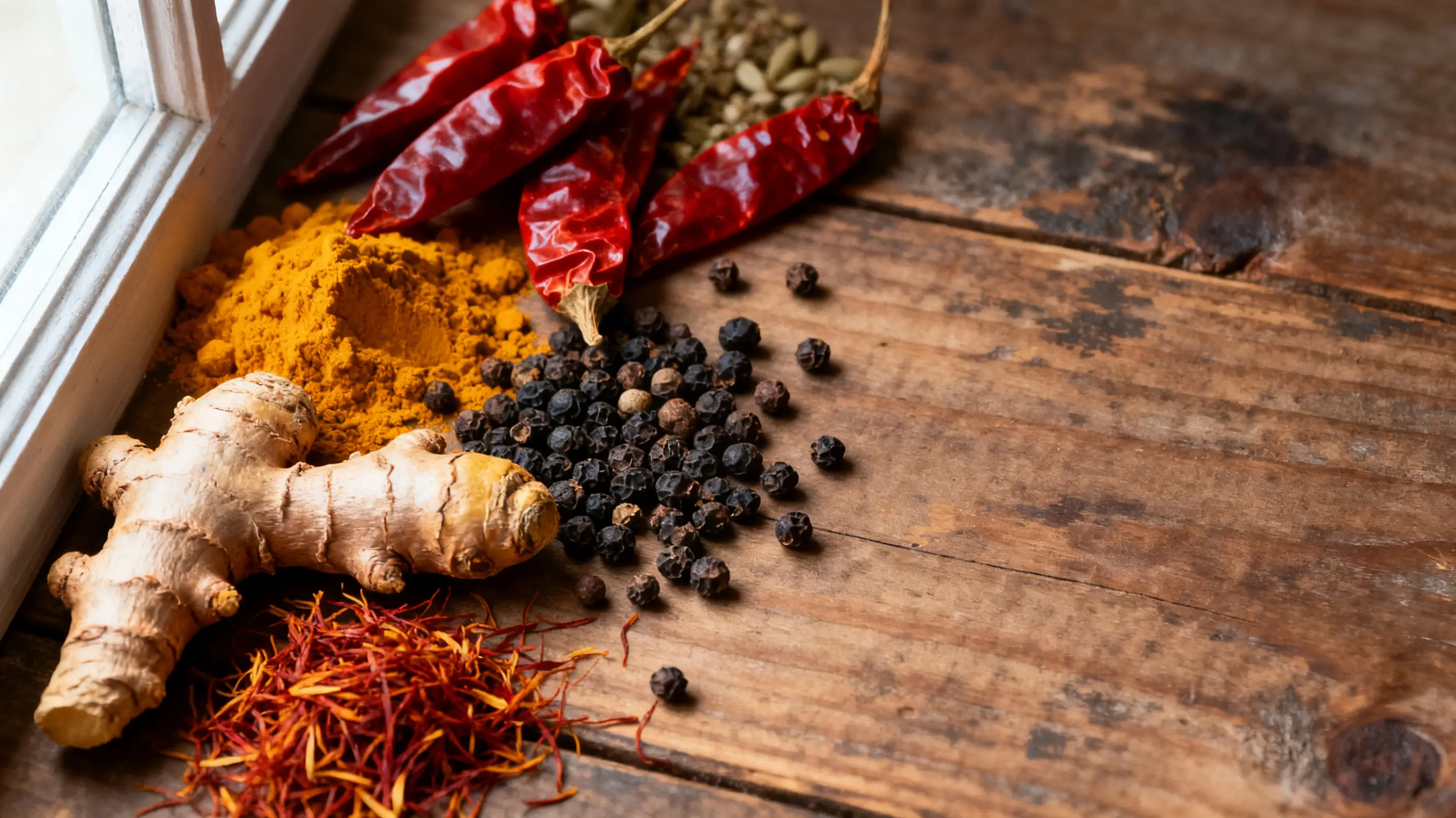 Assorted spices including ginger, turmeric, and peppercorns on rustic wooden surface near window
