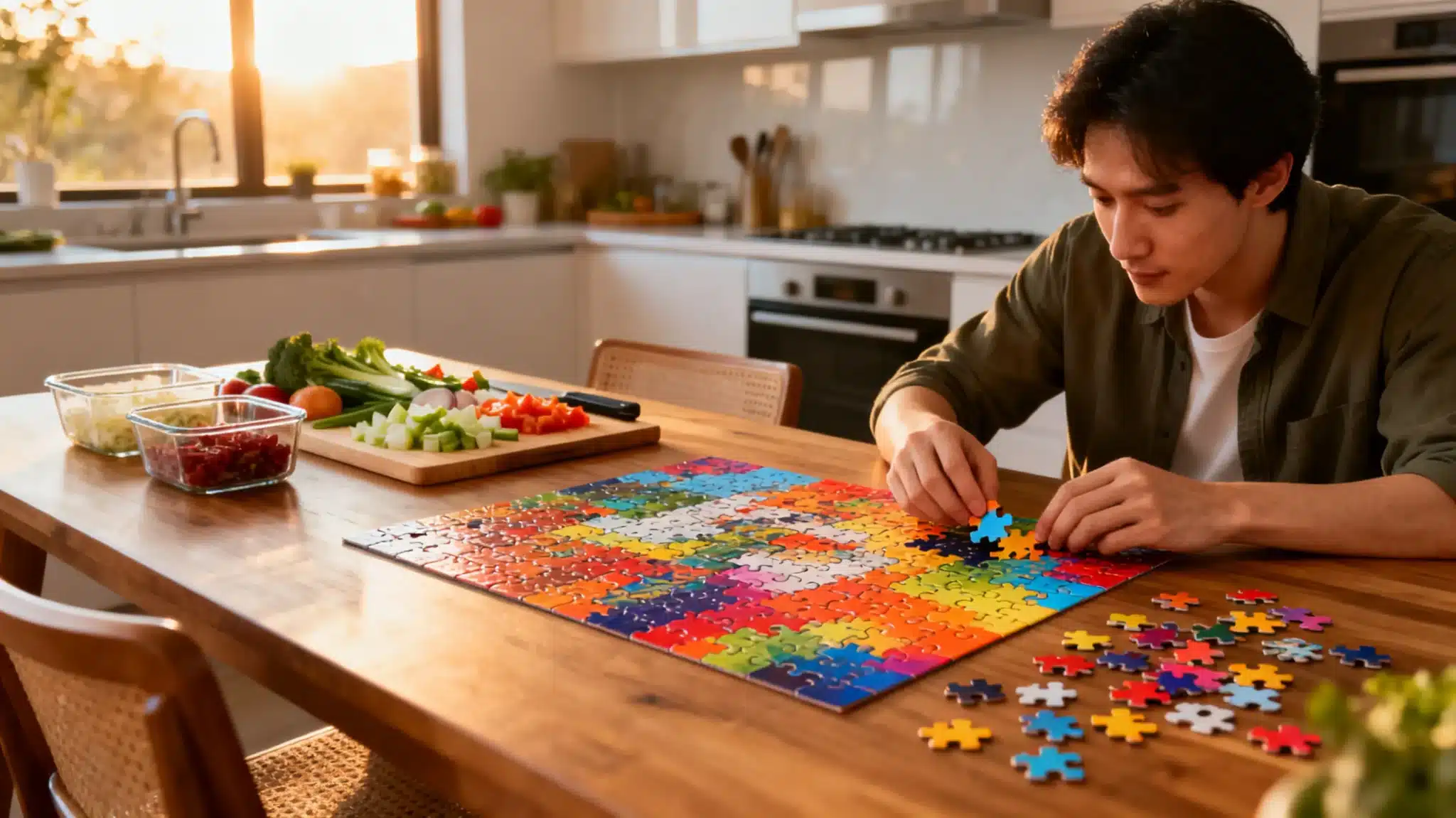 Person assembling colorful jigsaw puzzle on wooden table with vegetables in modern kitchen setting