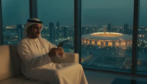Man in traditional attire using smartphone indoors overlooking city skyline at night