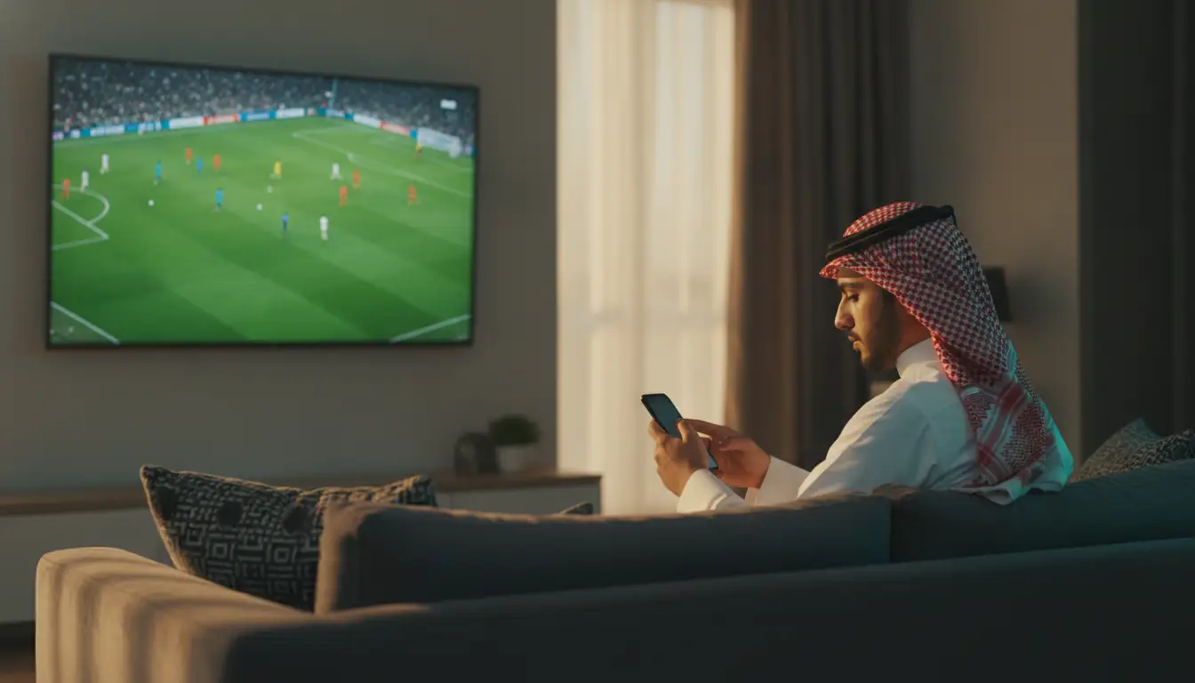 Man in traditional clothing on sofa using phone while soccer plays on TV in dimly lit living room