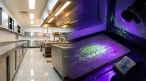 Industrial kitchen with stainless steel surfaces and UV flashlight revealing contamination on cutting board