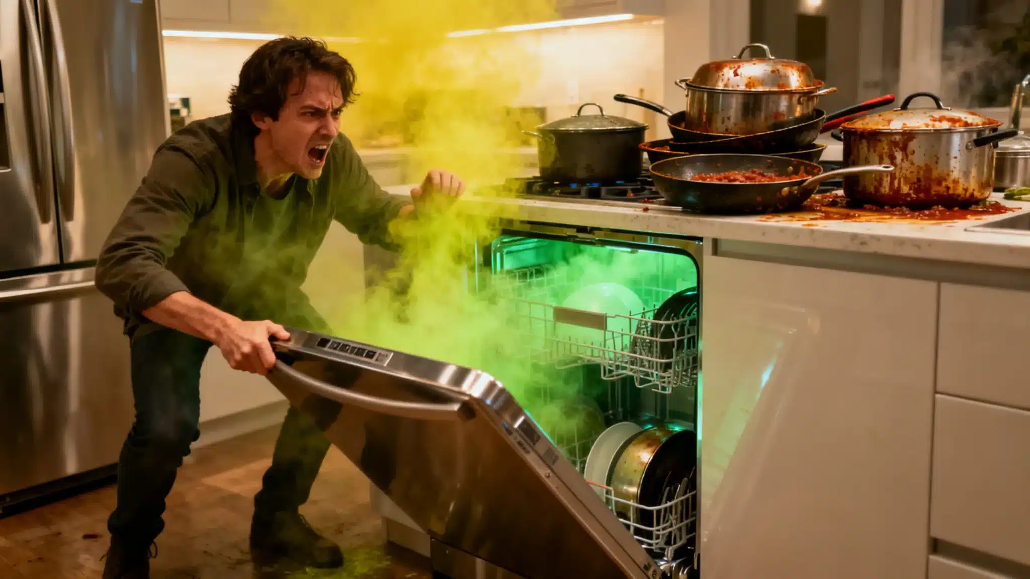 Man crouching by open dishwasher with colorful smoke in modern kitchen