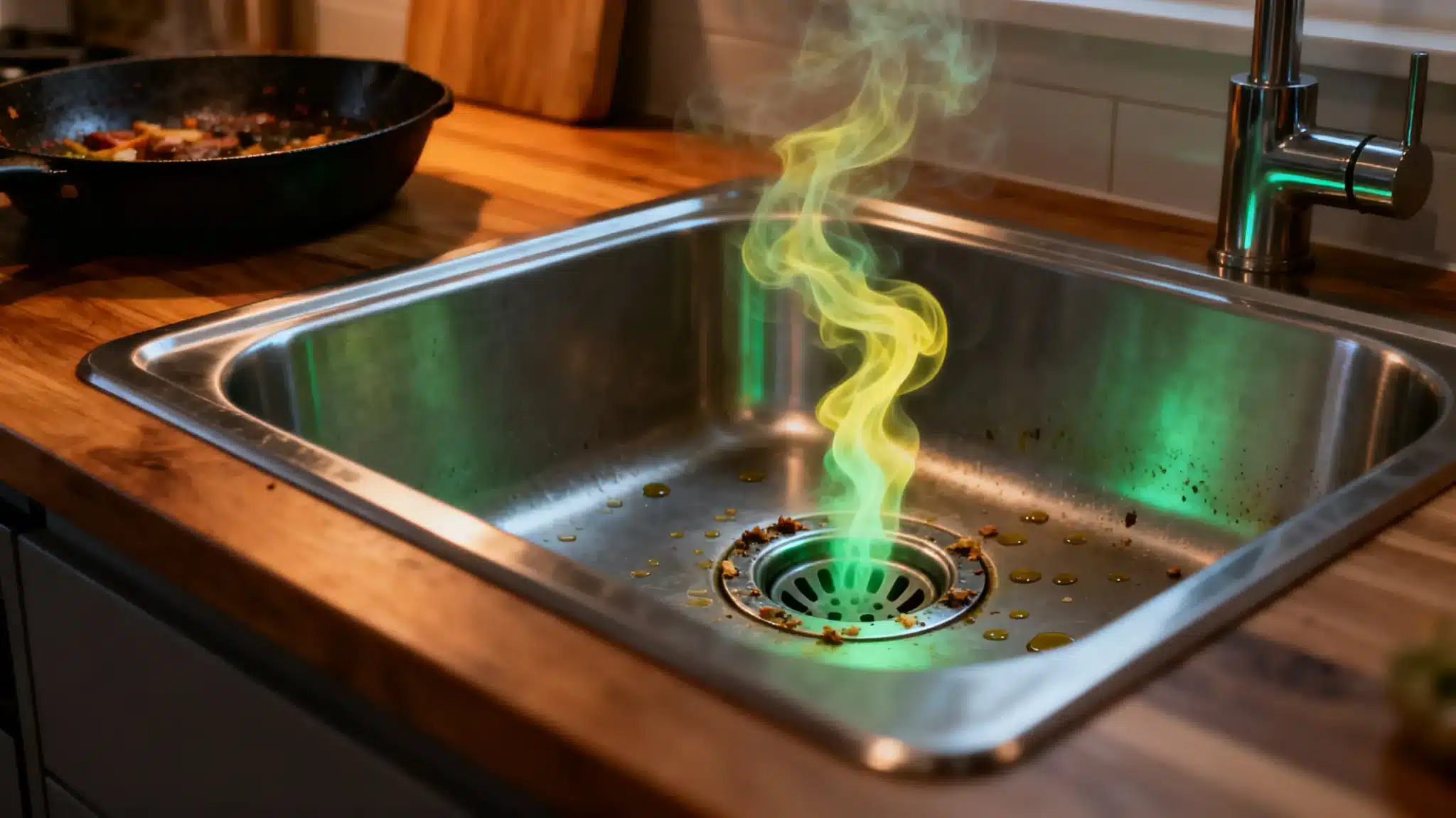 Green smoke rising from clogged kitchen sink drain with food scraps and oil residue