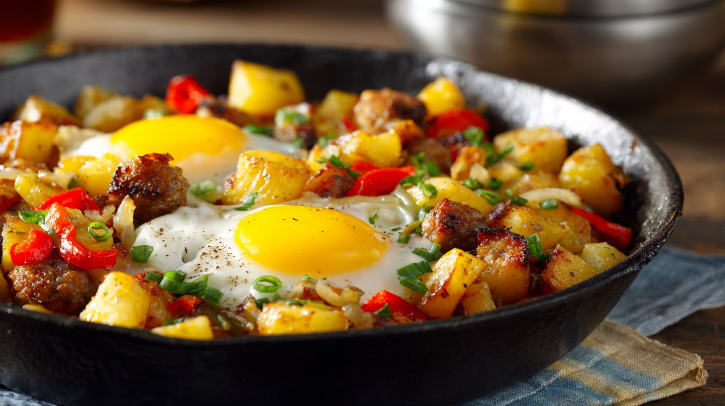 Yukon Gold breakfast hash with sausage, peppers, and eggs in a rustic skillet