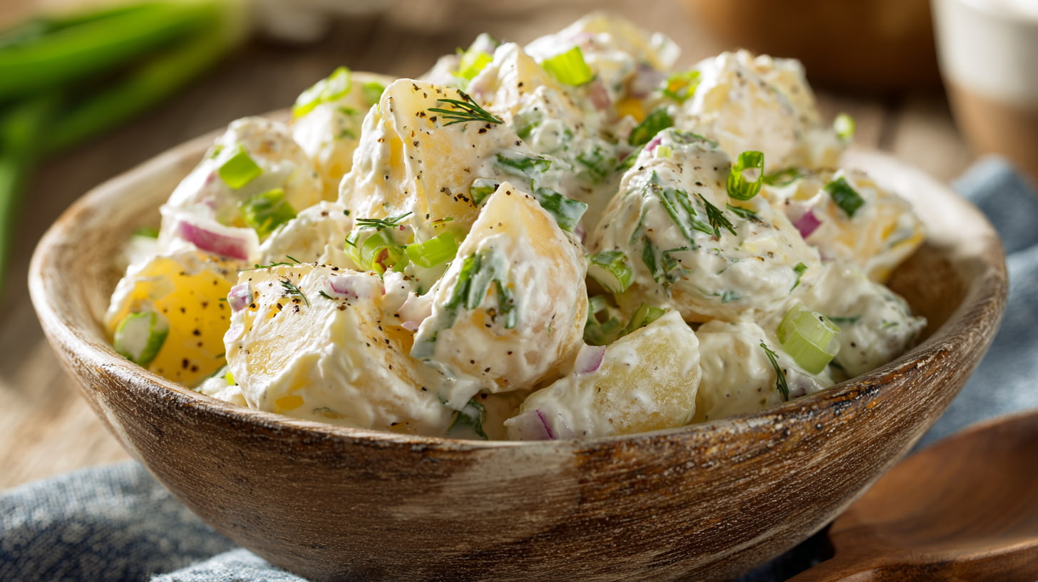 Yukon Gold potato salad with celery and pickles in a rustic serving bowl