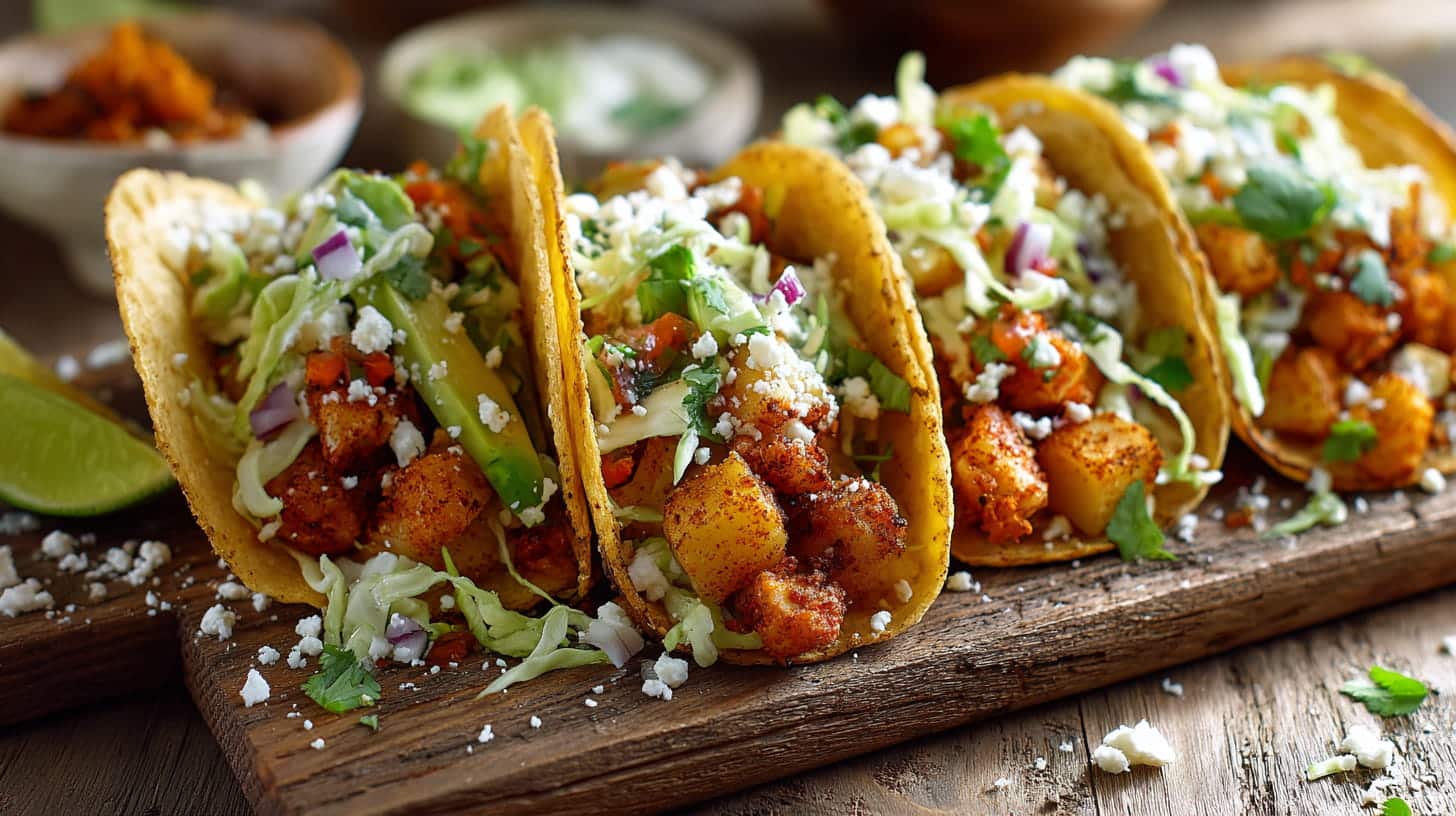 Yukon Gold potato tacos with salsa, slaw, avocado on a rustic serving platter