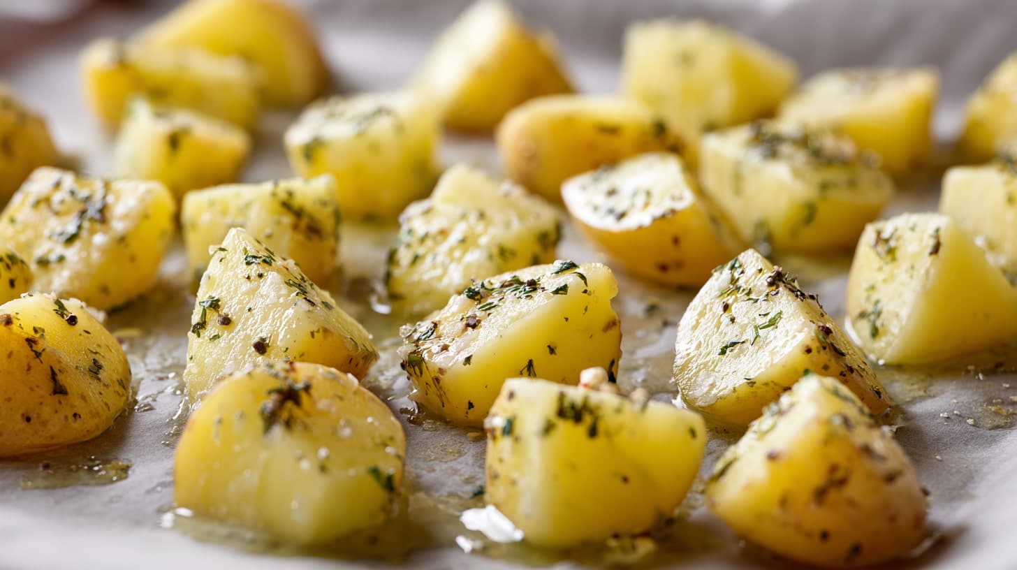 Yukon Gold potatoes spaced evenly on baking sheet ready for roasting in oven