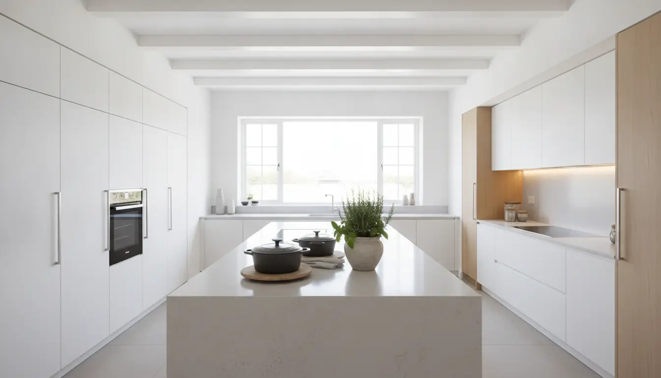 Modern kitchen with white cabinets, large island, potted herbs, and cookware under natural light