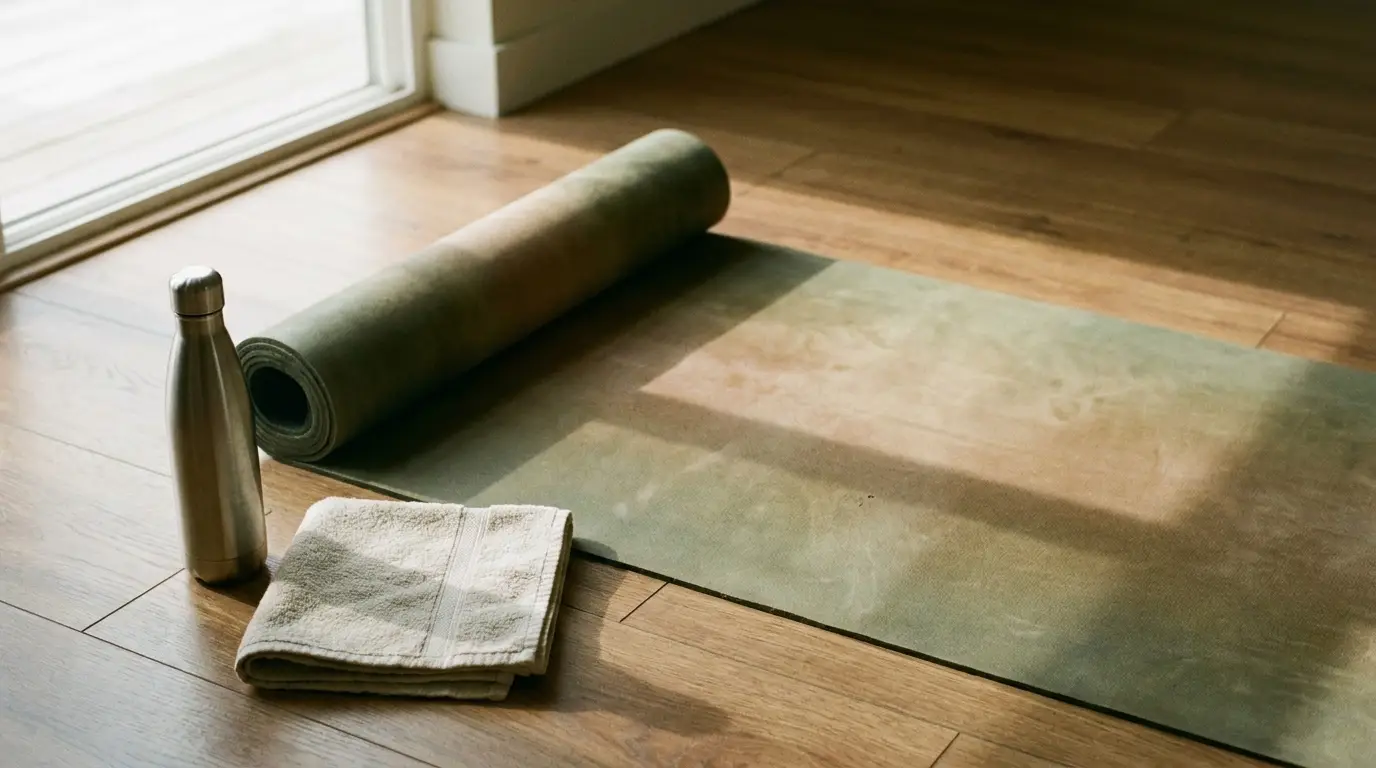 Yoga mat on wooden floor beside water bottle and towel in natural light