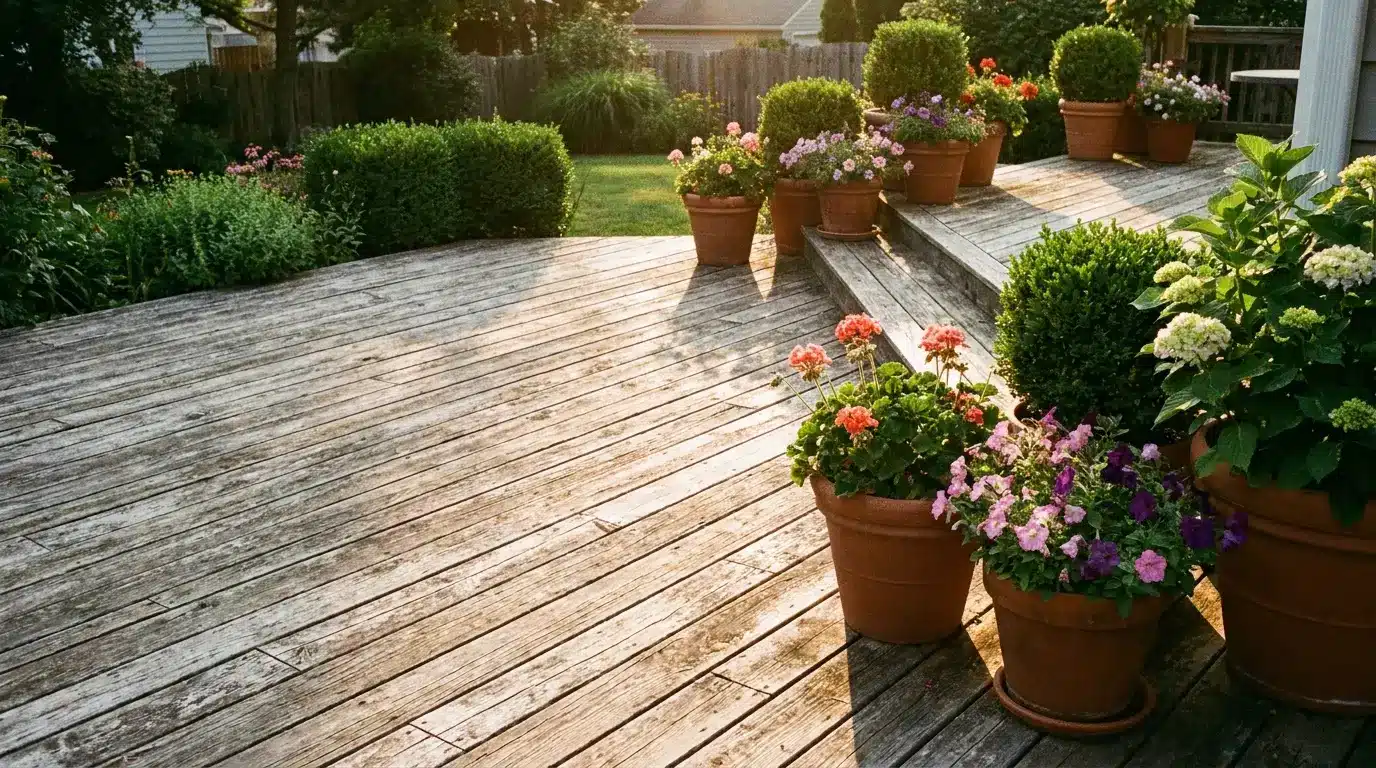 Potted flowers and shrubs on wooden deck in sunlight