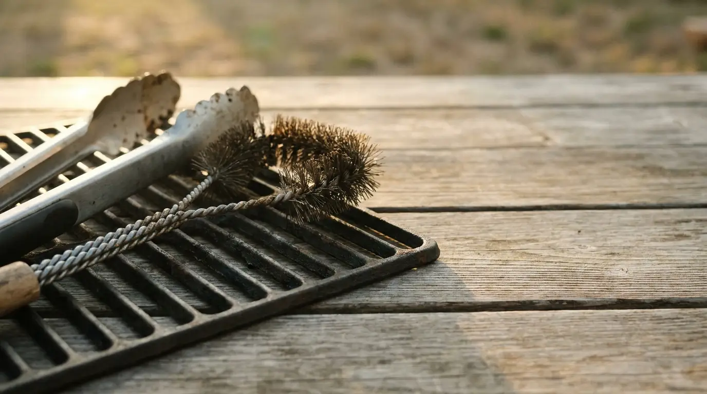 Grill cleaning brush and tongs on rustic wooden table in outdoor setting