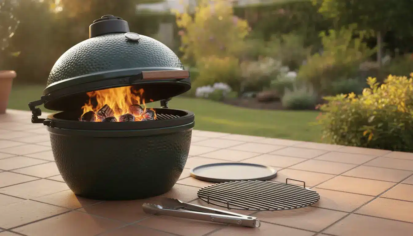 Green ceramic grill with open lid and flames, placed on patio with garden in background