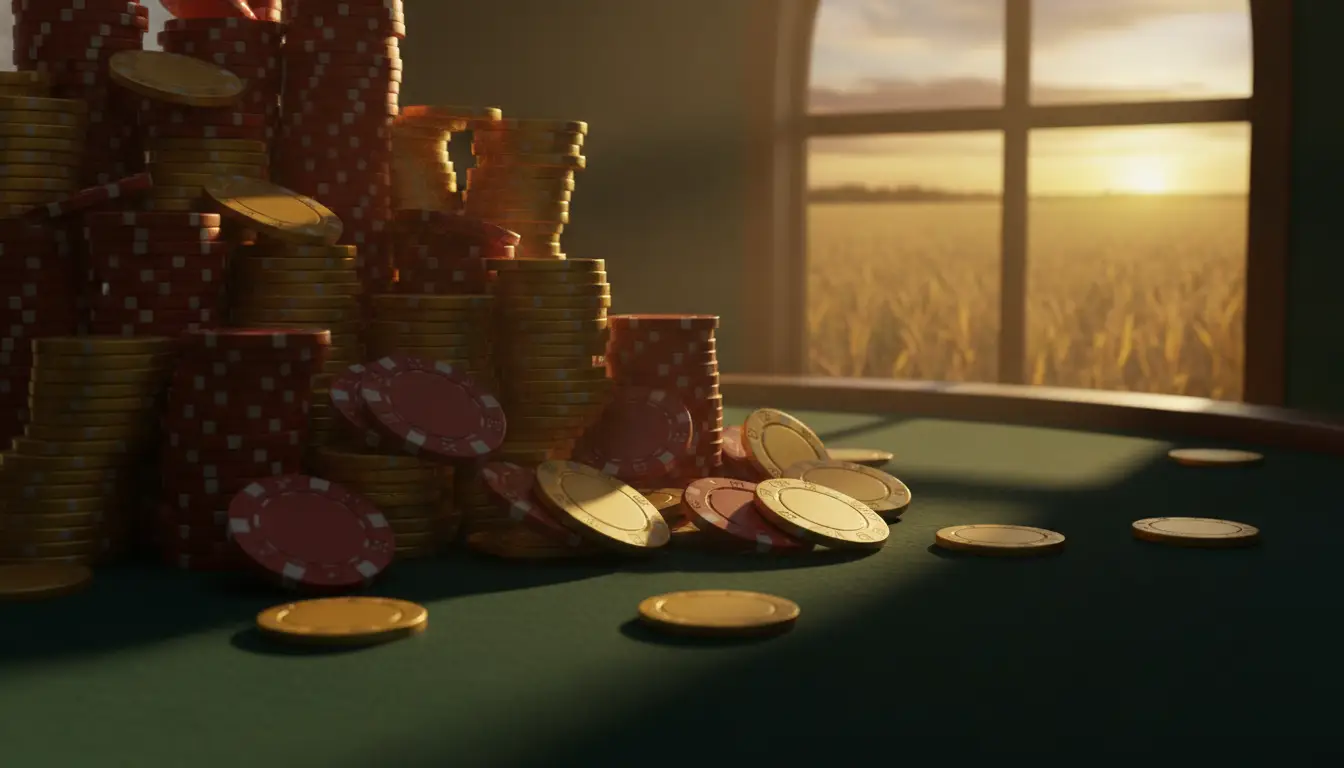 Stacks of poker chips on green casino table by window at sunset