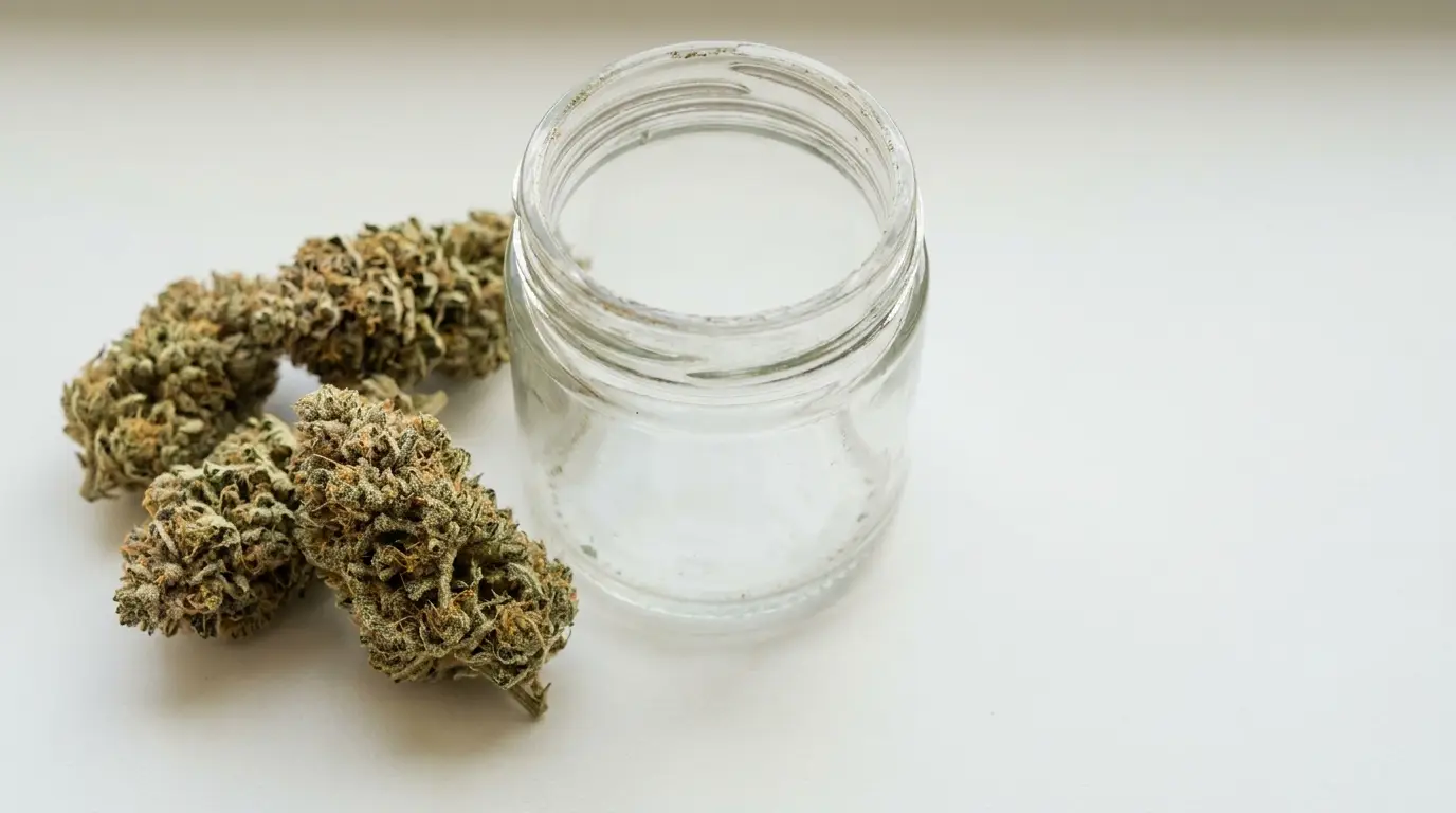 Glass jar next to dried cannabis buds on a white surface