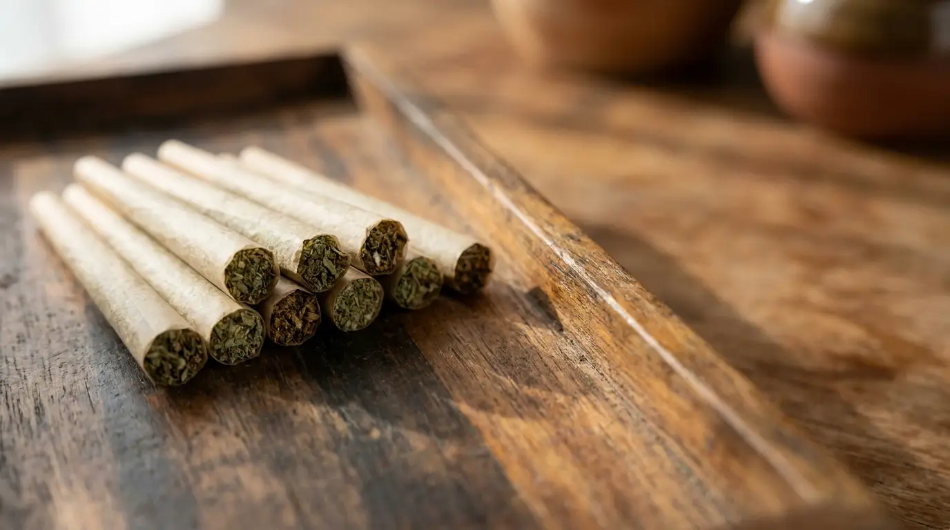 Rolled cannabis joints neatly arranged on wooden tray in soft natural lighting