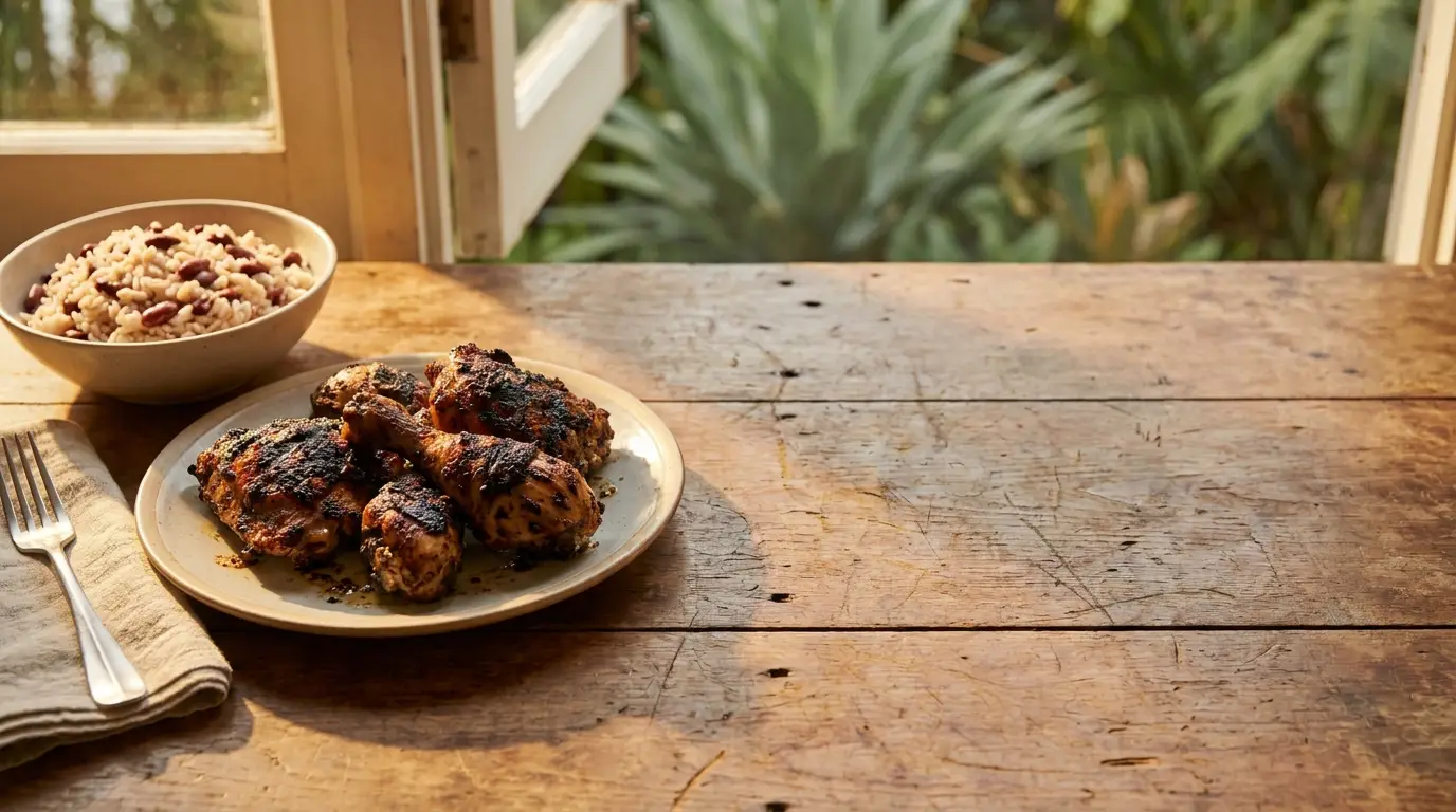 Grilled chicken and rice with beans on a plate by an open window on a rustic table