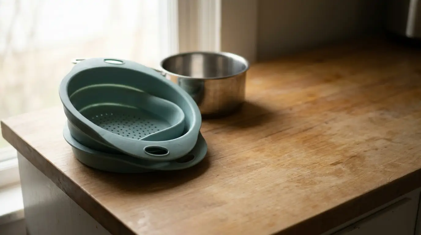 Green silicone colanders stacked on wooden countertop near metal mixing bowl