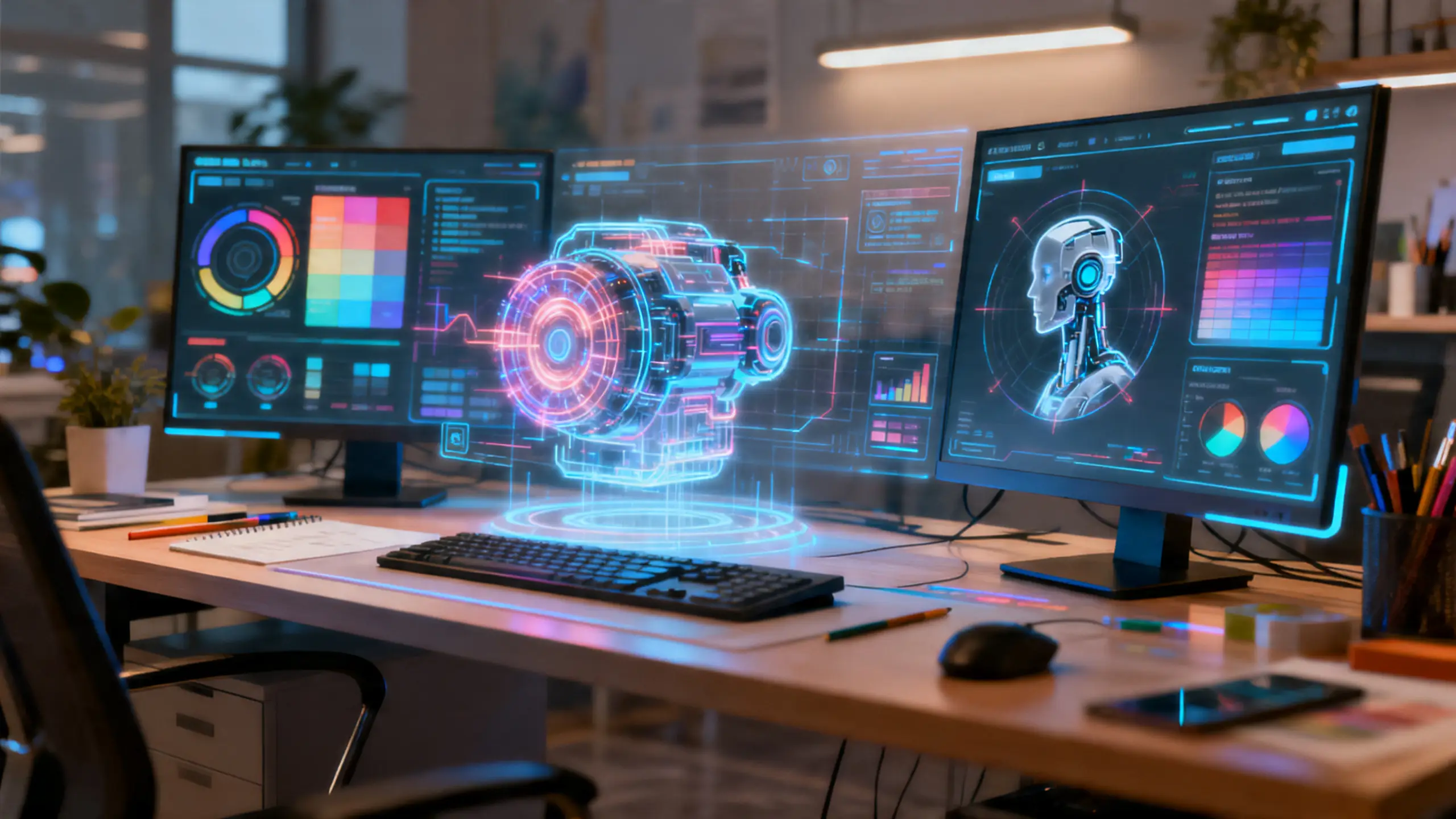 Holographic technology interface displayed on multiple monitors in a modern tech office workspace