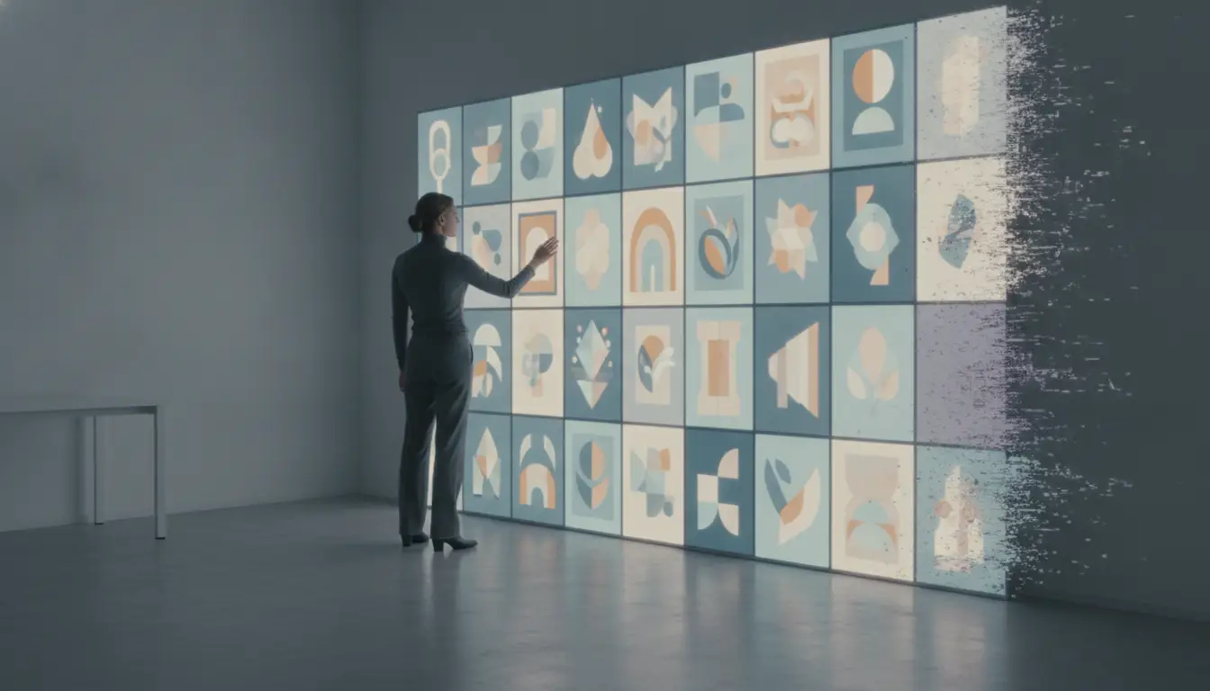 Person interacting with large digital display wall in dimly lit room