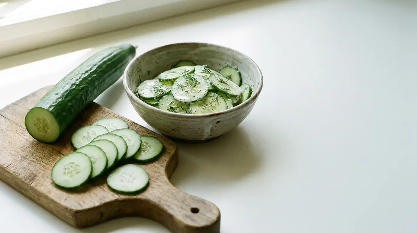 Sliced cucumber on wooden cutting board with bowl of cucumber salad in bright kitchen