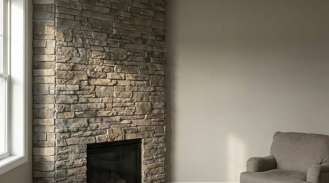 Stone fireplace with adjacent beige armchair in a cozy, naturally lit living room scene