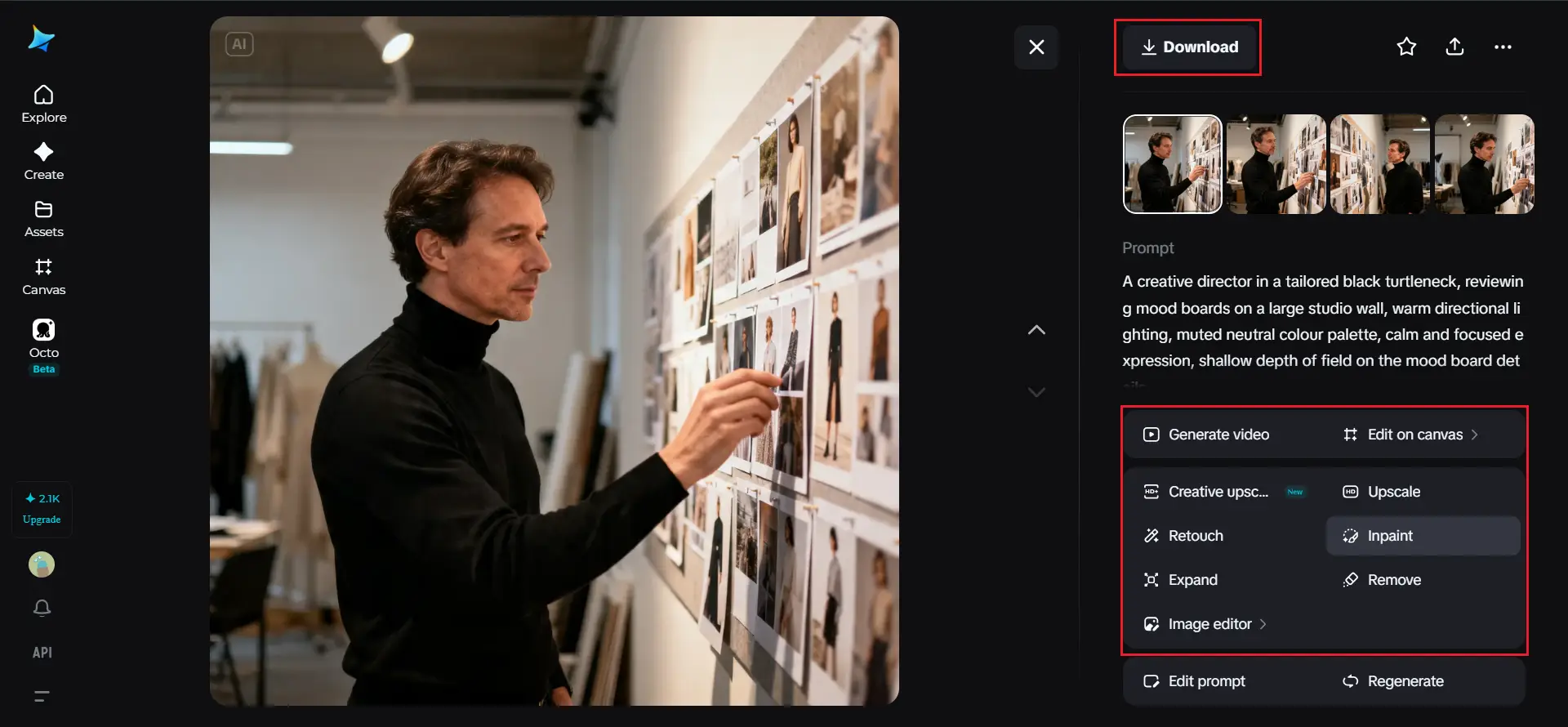 Man in black turtleneck arranging photos on mood board in a studio setting