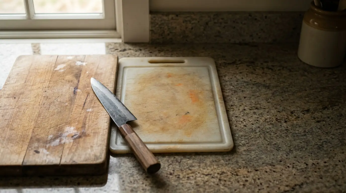 Wooden and plastic cutting boards with a kitchen knife on granite countertop in natural light