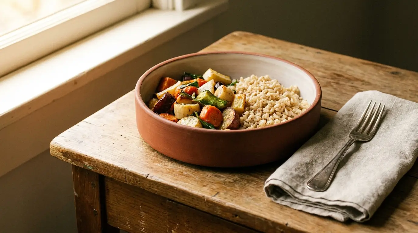 Roasted vegetables and brown rice in ceramic bowl on rustic wooden table