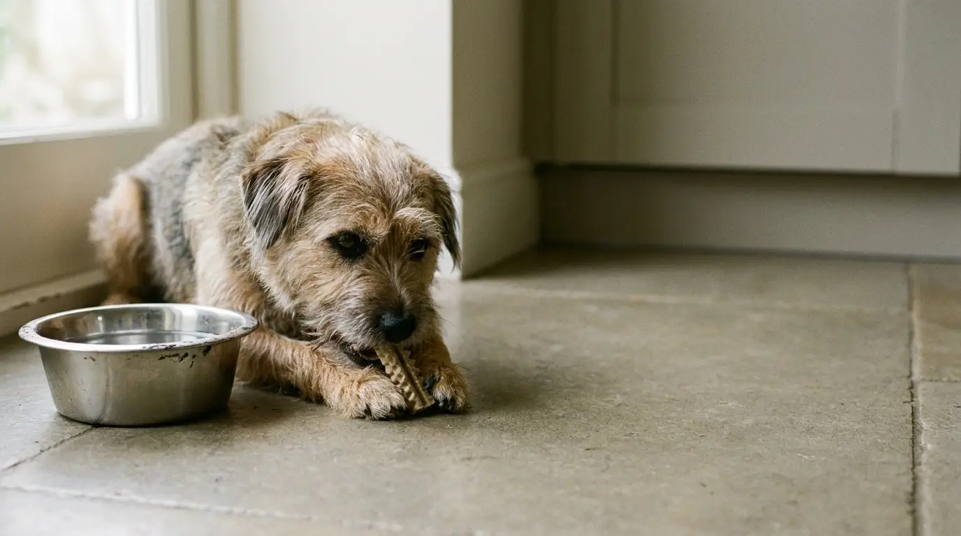 Terrier chewing on bone near metal water bowl on tiled kitchen floor