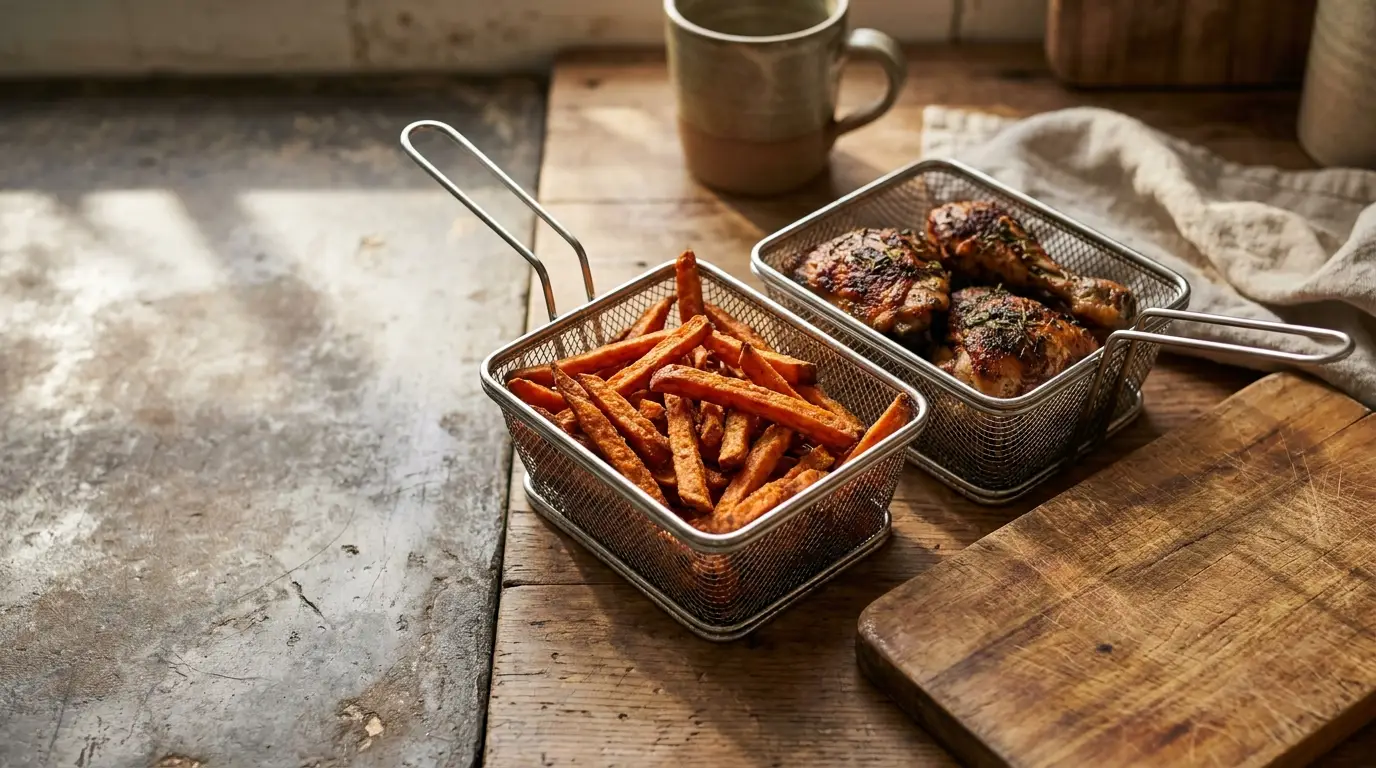 Wire baskets with sweet potato fries and herb-seasoned chicken on rustic wooden table