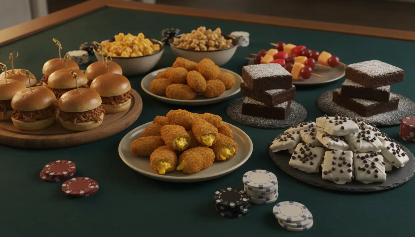Assorted appetizers and desserts on poker table with sliders, jalapeño poppers, brownies, and cheese skewers