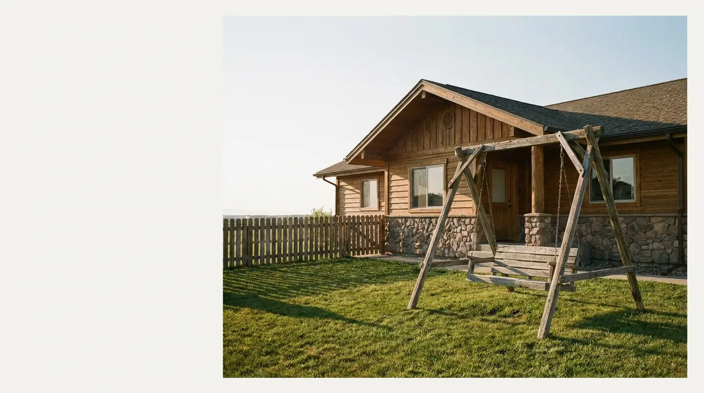 Wooden cabin with stone accents and a swing in sunny backyard setting