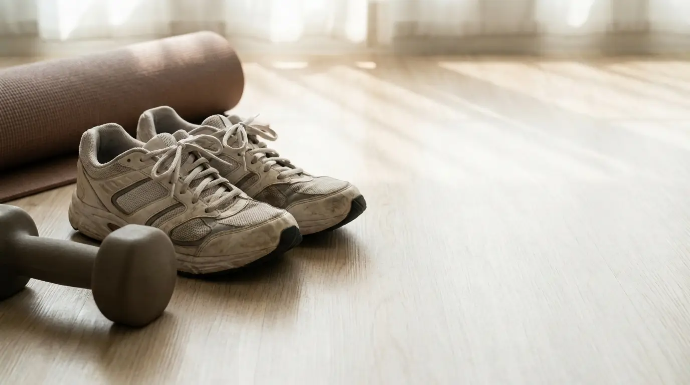 Worn athletic shoes and a dumbbell on wooden floor near yoga mat in natural light
