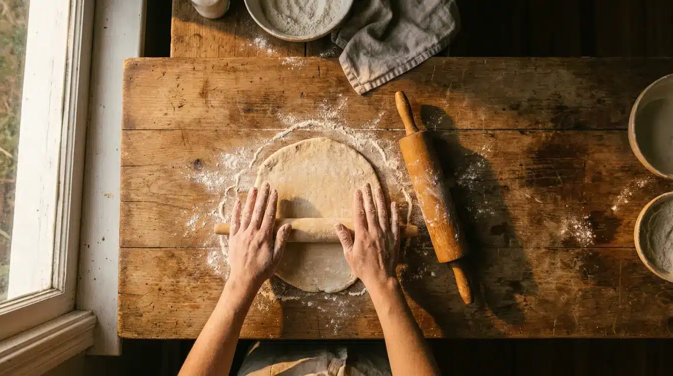 Hands rolling out dough with wooden rolling pin on rustic kitchen table