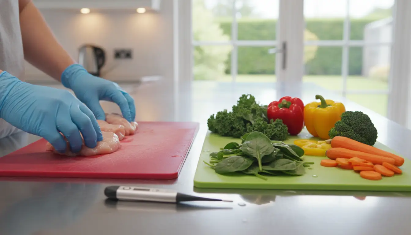 Gloved hands preparing raw chicken on red cutting board beside fresh vegetables in bright kitchen