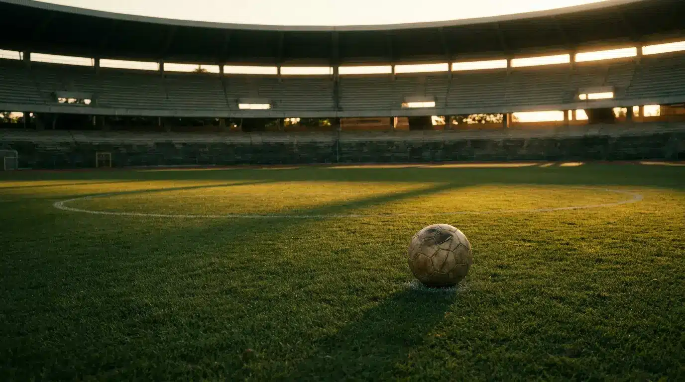 Soccer ball on grassy field inside empty stadium at sunset
