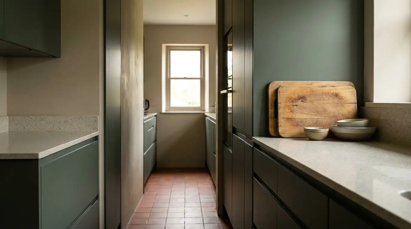 Modern galley kitchen with dark cabinets, wooden cutting boards, and natural light through window